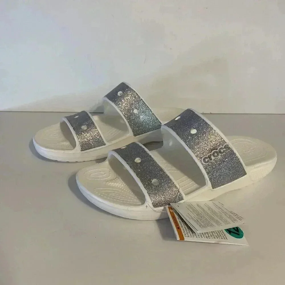 Crocs Classic Two Strap White Silver‎ Glitter Slide Sandals Shoes Men’s Size 12